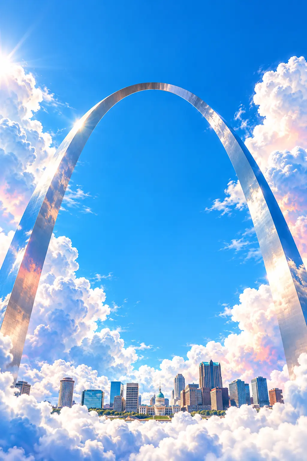 The Gateway Arch rising above St. Louis in a blue sky filled with clouds