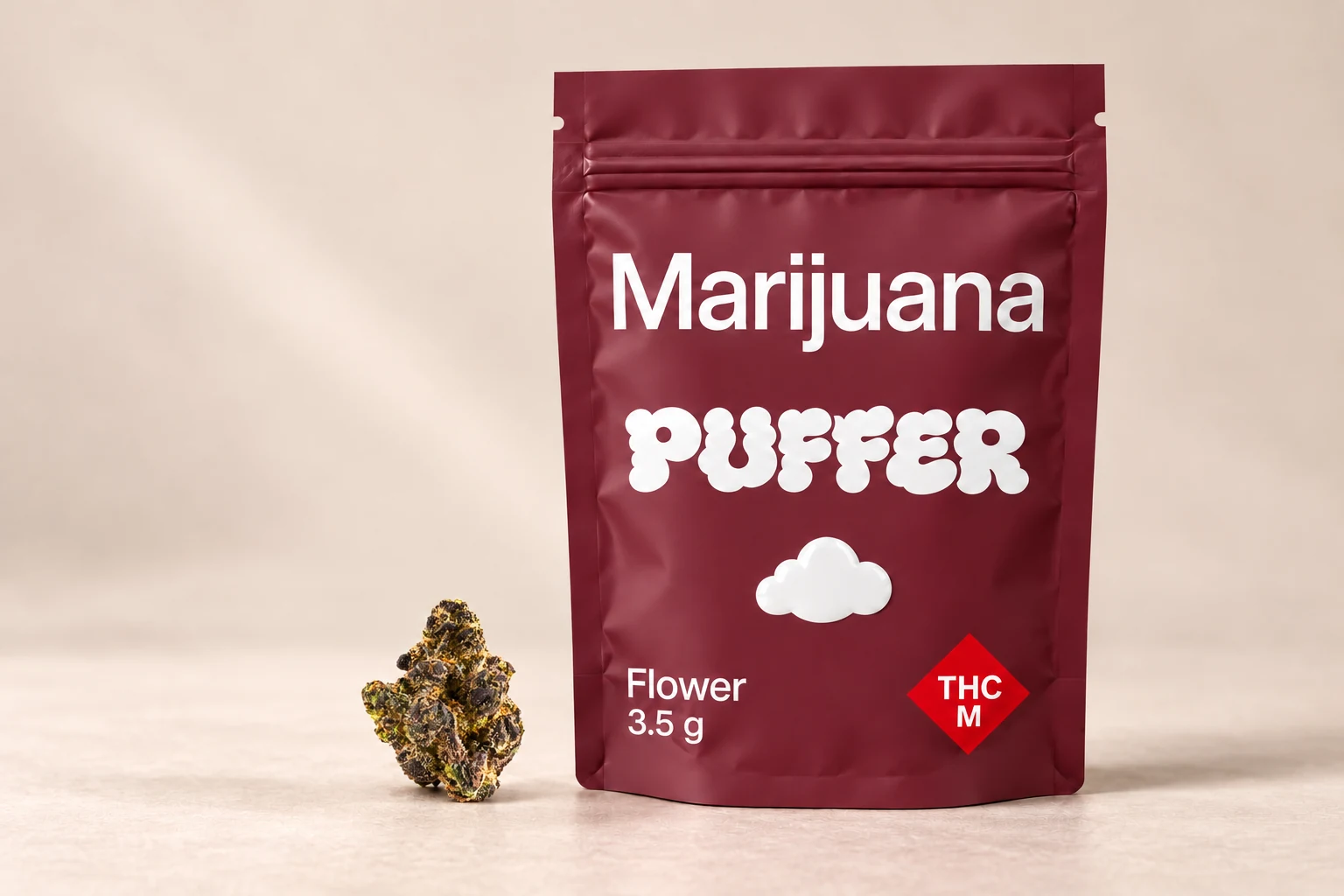 Burgundy Puffer flower pouch beside flower on a warm studio background